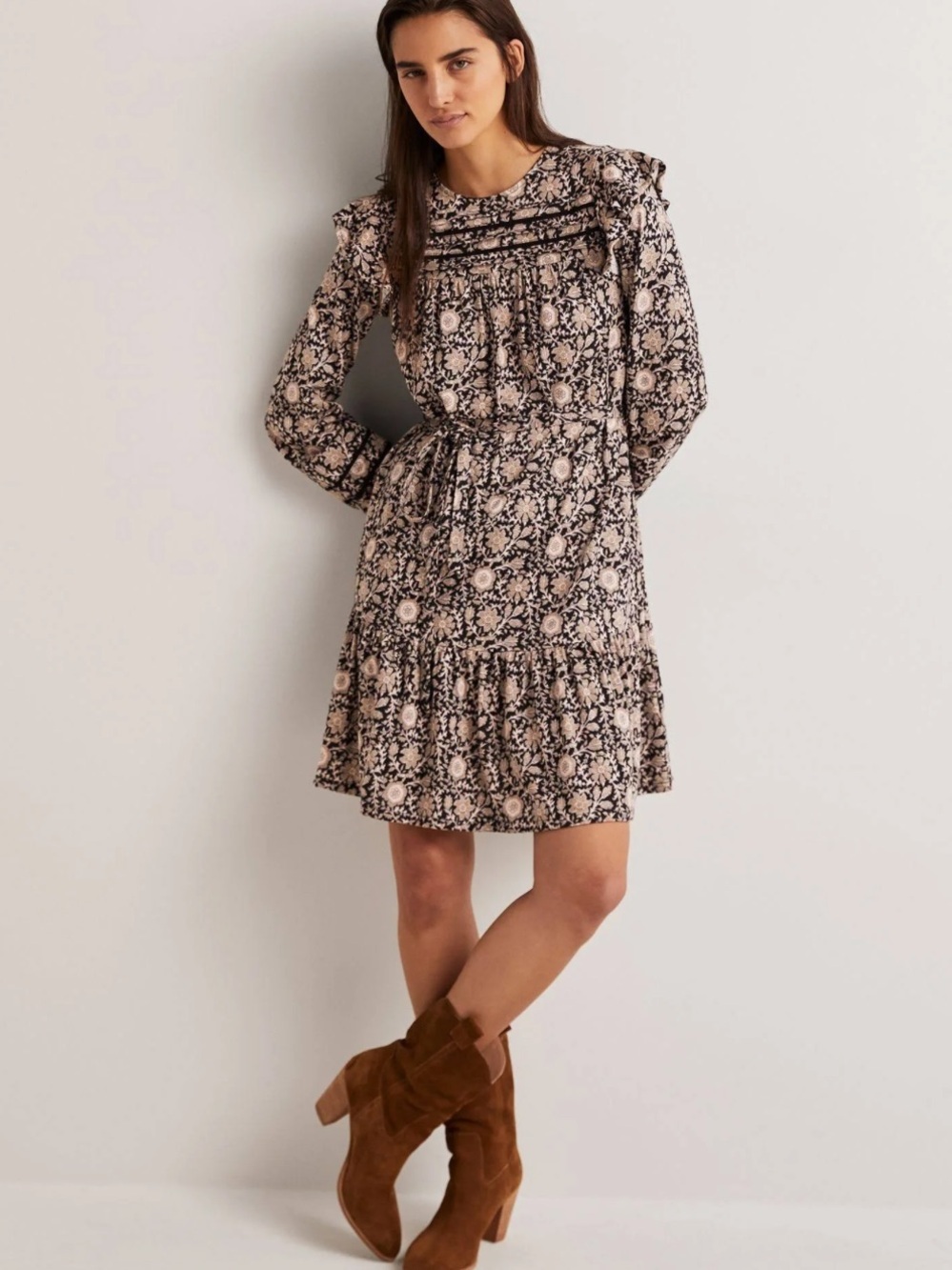 Boden Long Sleeve Ruffled Floral Mini Dress Size 4R